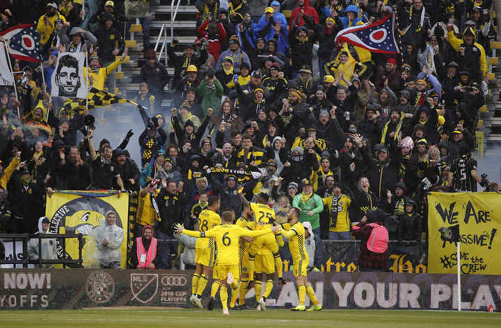 Columbus Crew SC forward Gyasi Zardes (11) celebrates his goal against Minnesota United during the 1st half of their MLS game at MAPFRE Stadium in Columbus.  (Kyle Robertson / Kyle Robertson)